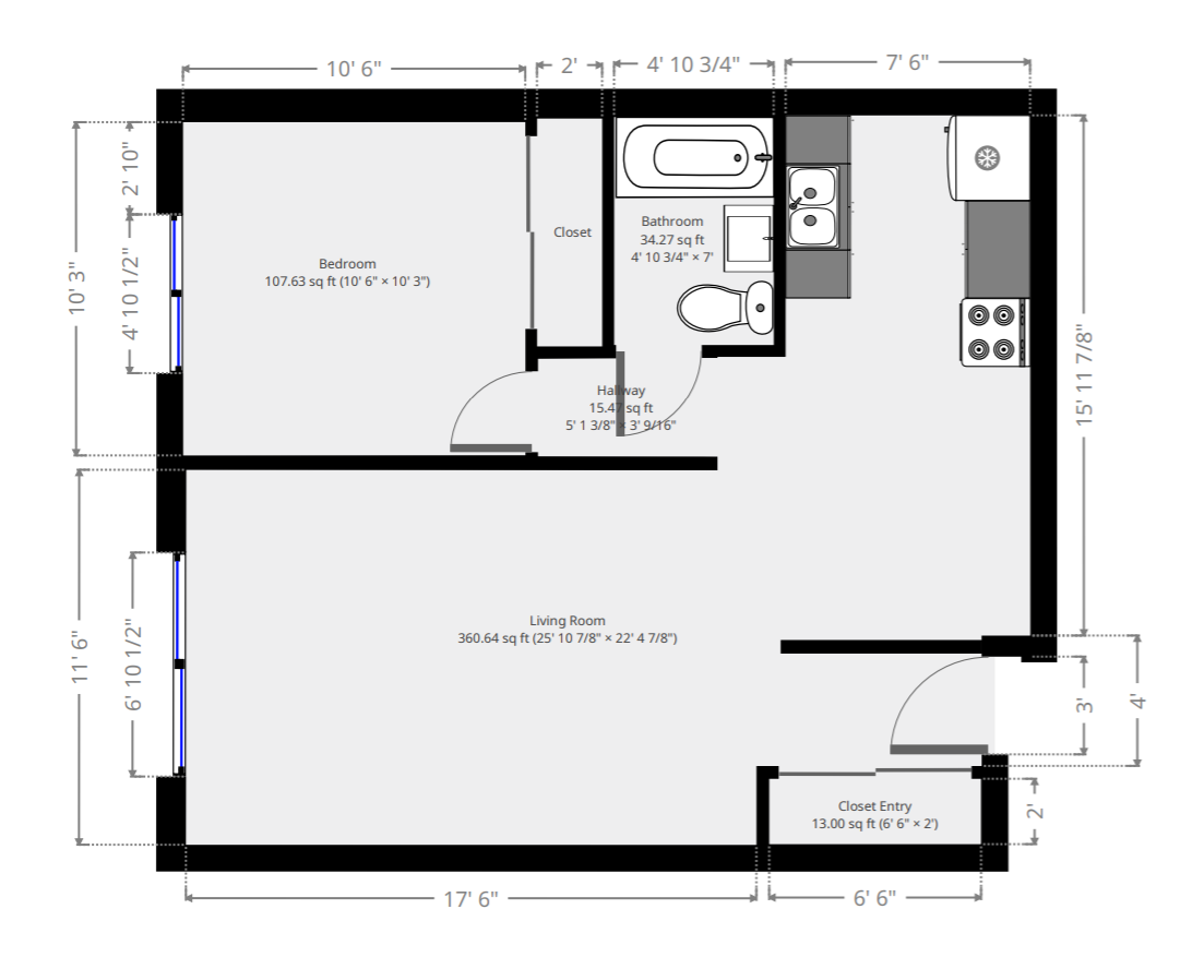 Floor plan for 1 bed, 1 bath, 700 sqft